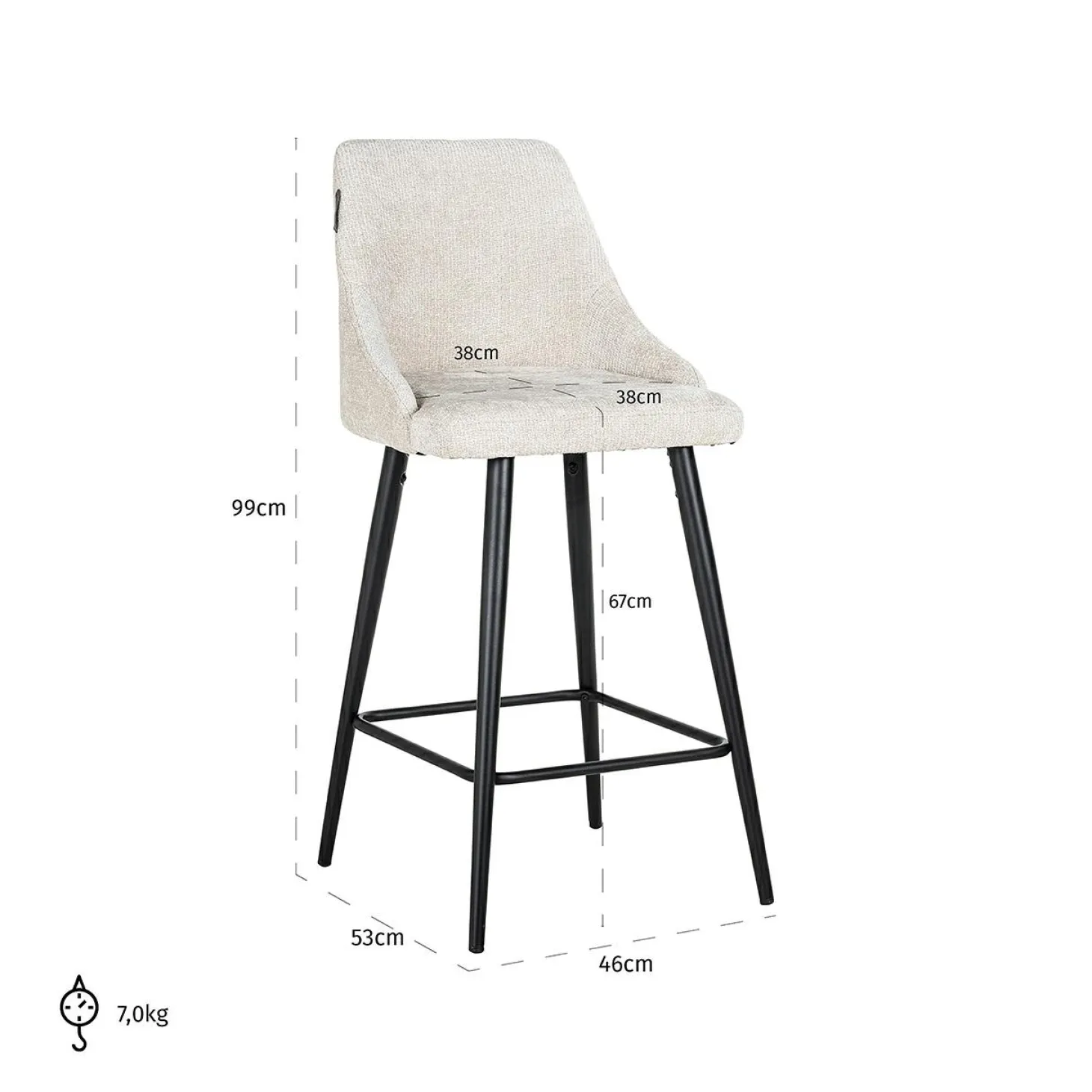 Barstoel Brooke Chenille Creme - zithoogte 67cm - Loft24.nl