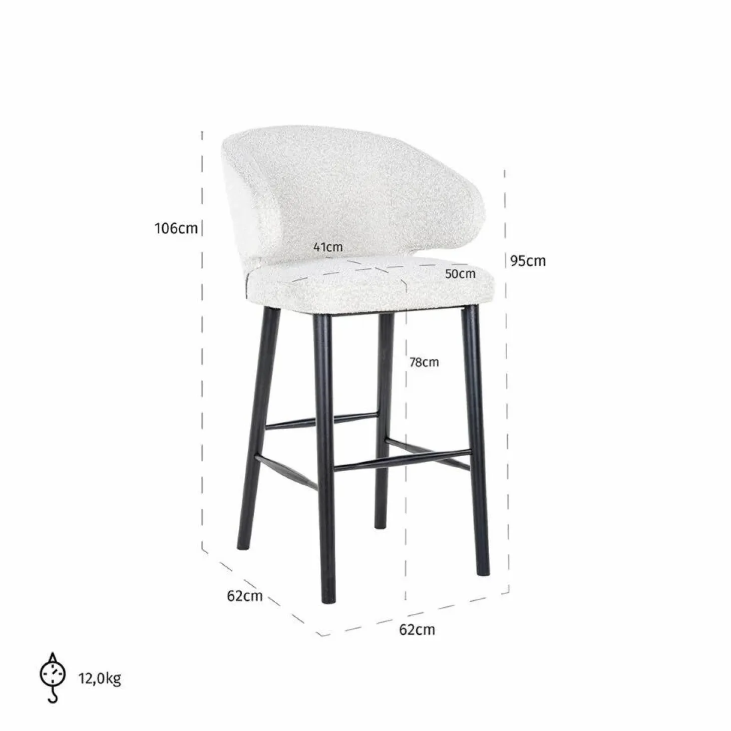 Barstoel Indigo Bouclé Wit - zithoogte 76cm - Loft24.nl