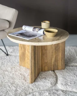 Bijzettafel Sara Mangohout en Travertin 60 x 60 cm - Loft24.nl