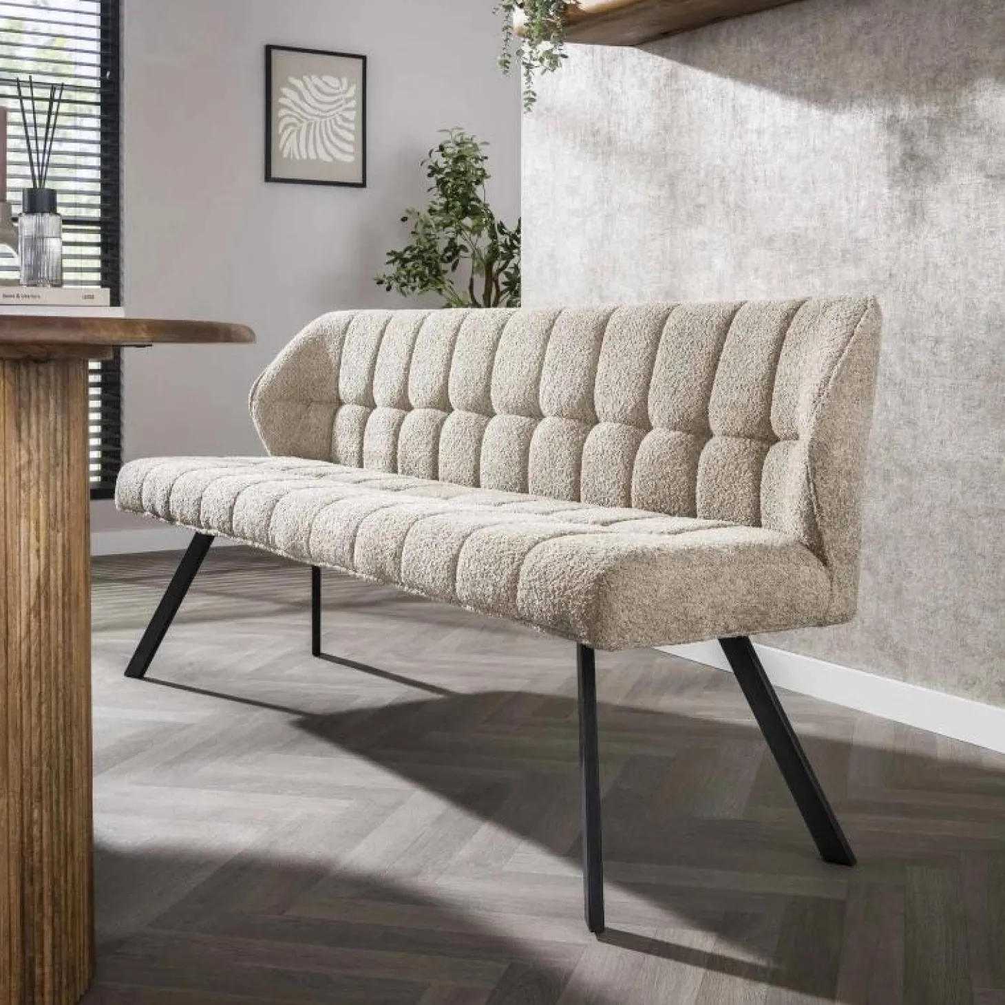 Eetkamerbank Raster Bouclé - Zand - 180 cm - Loft24.nl