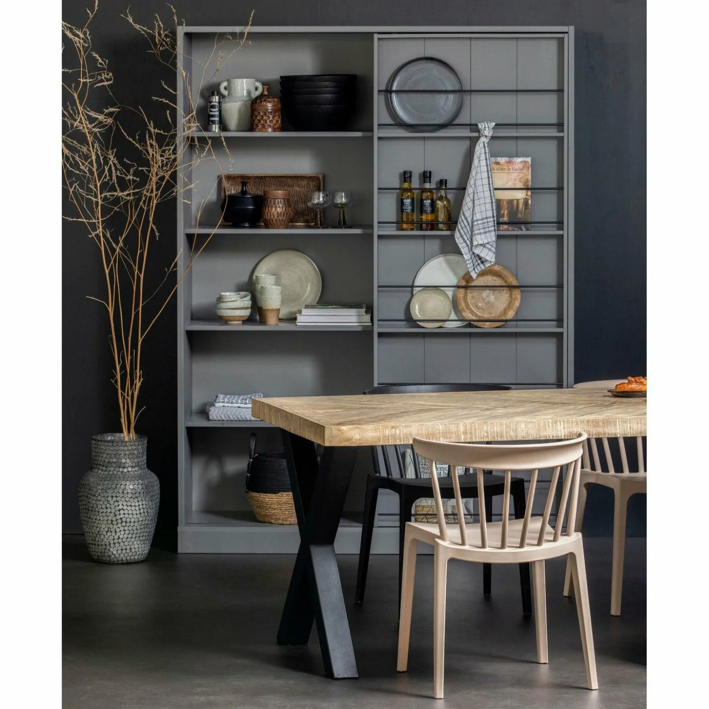 Eettafel Tablo Mangohout Visgraat, met X-poot - 180cm - Loft24.nl