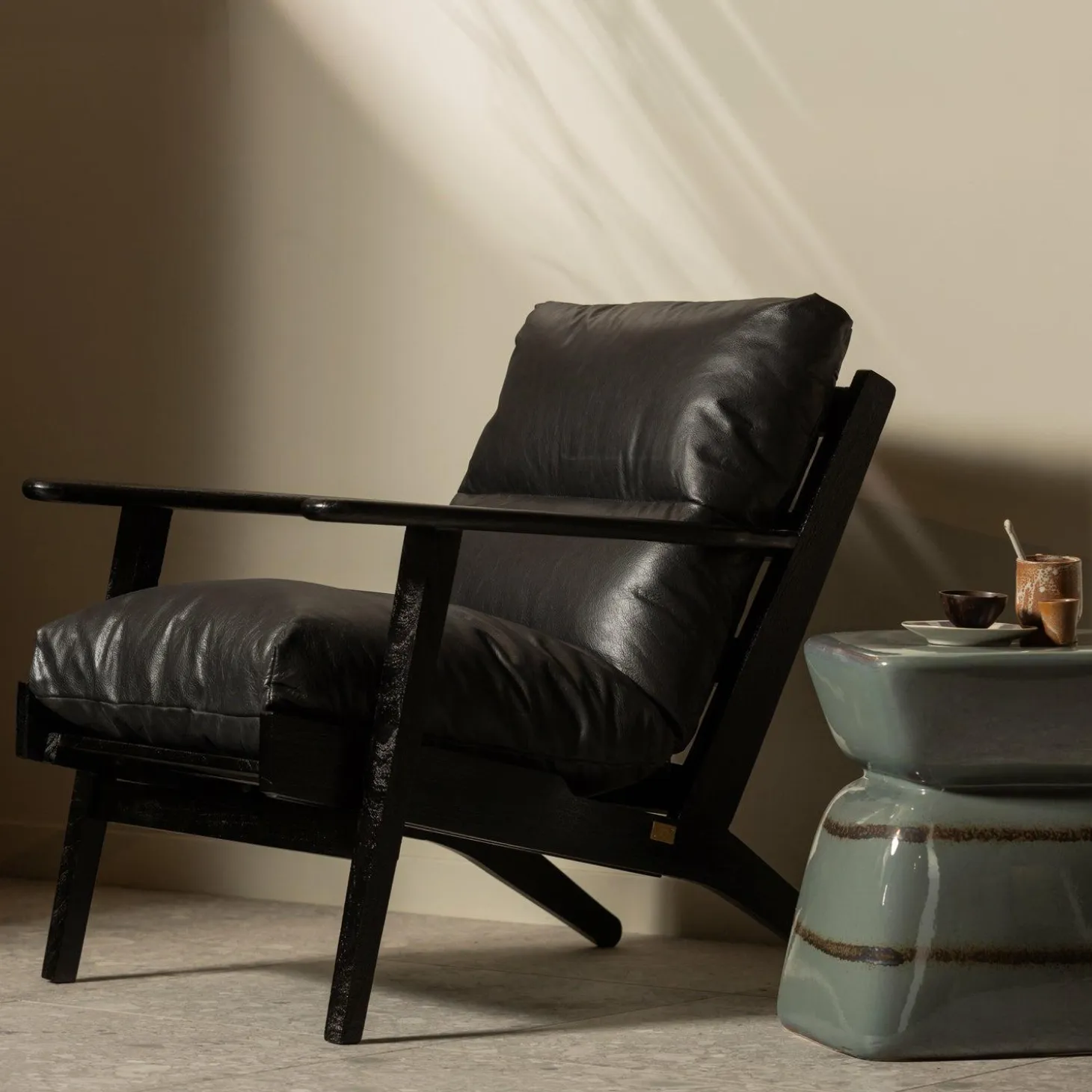 Fauteuil Houston Acaciahout / Leder - Zwart - Loft24.nl