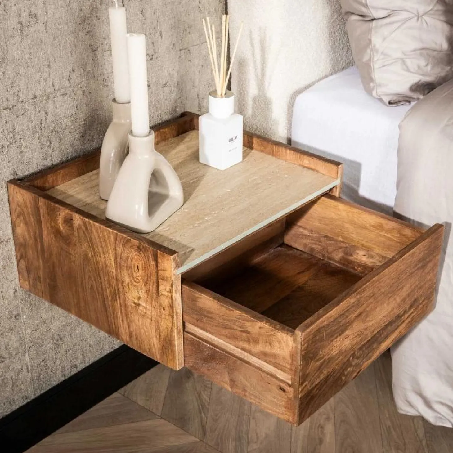 Hangend Nachtkastje Nuovo Travertin Met 1 lade - Loft24.nl