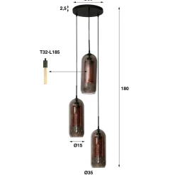 Hanglamp 3L Getrapt Getint Glas-Geperforeerd Staal - Loft24.nl