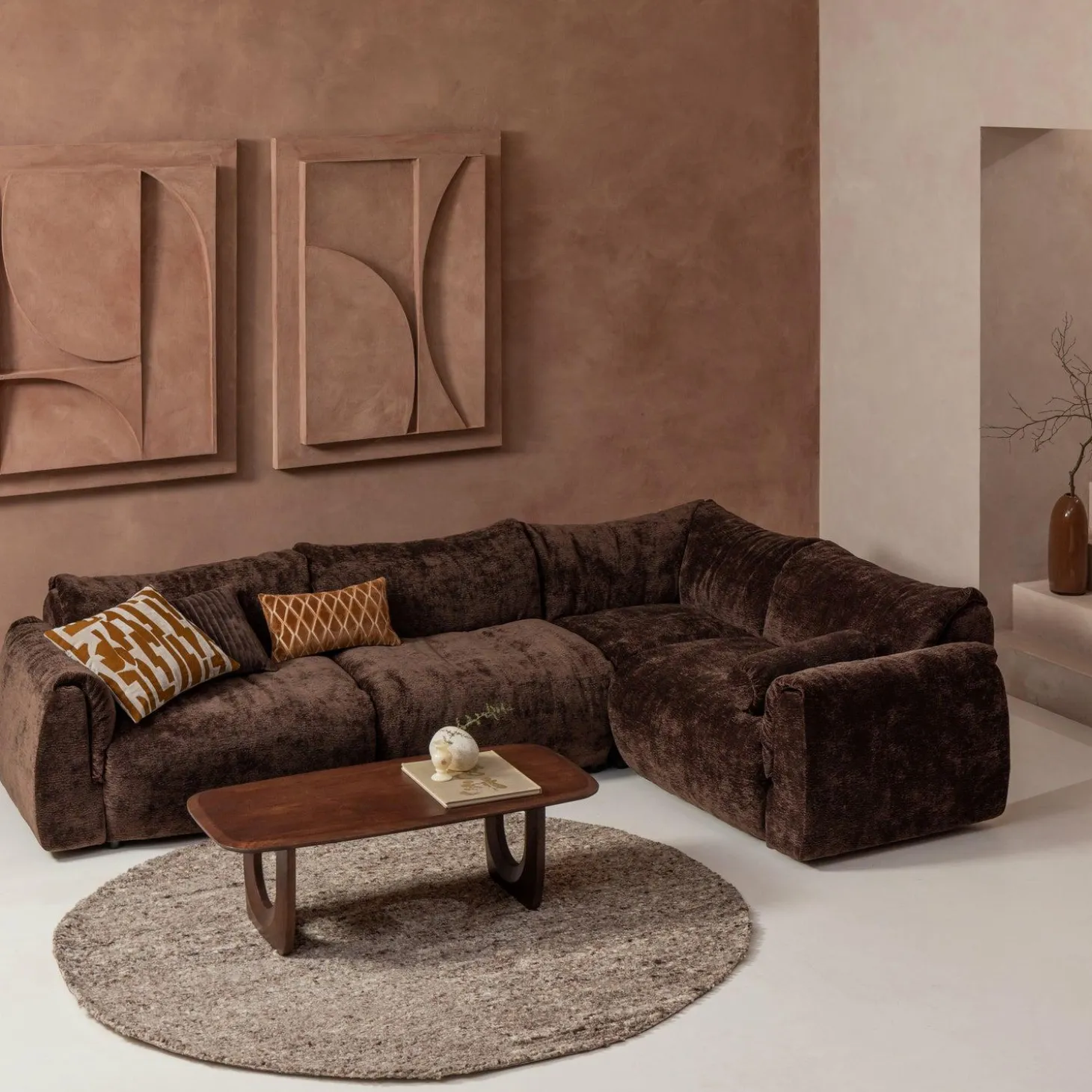 Hoekbank Baggy 3D chenille - Donkerbruin (rechts) - Loft24.nl