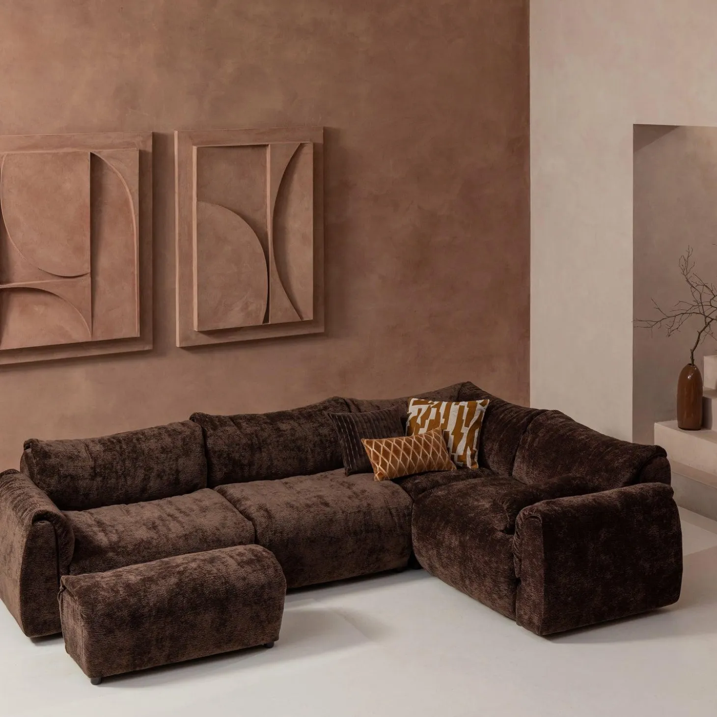 Hoekbank Baggy 3D chenille - Donkerbruin (rechts) - Loft24.nl