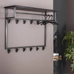 Kapstok Yucon Acaciahout met 12 haken en plank - Zwart - Loft24.nl