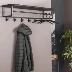 Kapstok Yucon Acaciahout met 6 haken en plank - Zwart - Loft24.nl
