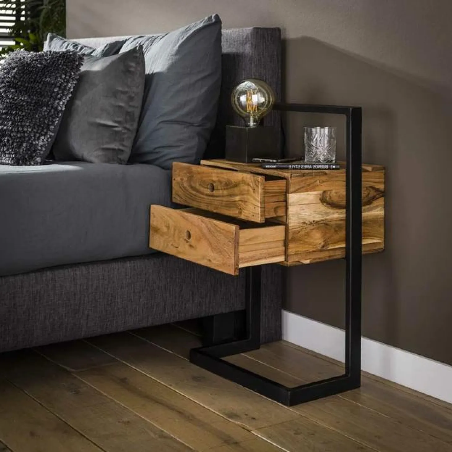 Nachtkastje Rigid Acaciahout met 2 lade - Loft24.nl