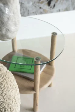 Organische Bijzettafel Cleo Glas en eikenhout 50 x 45cm - Naturel - Loft24.nl