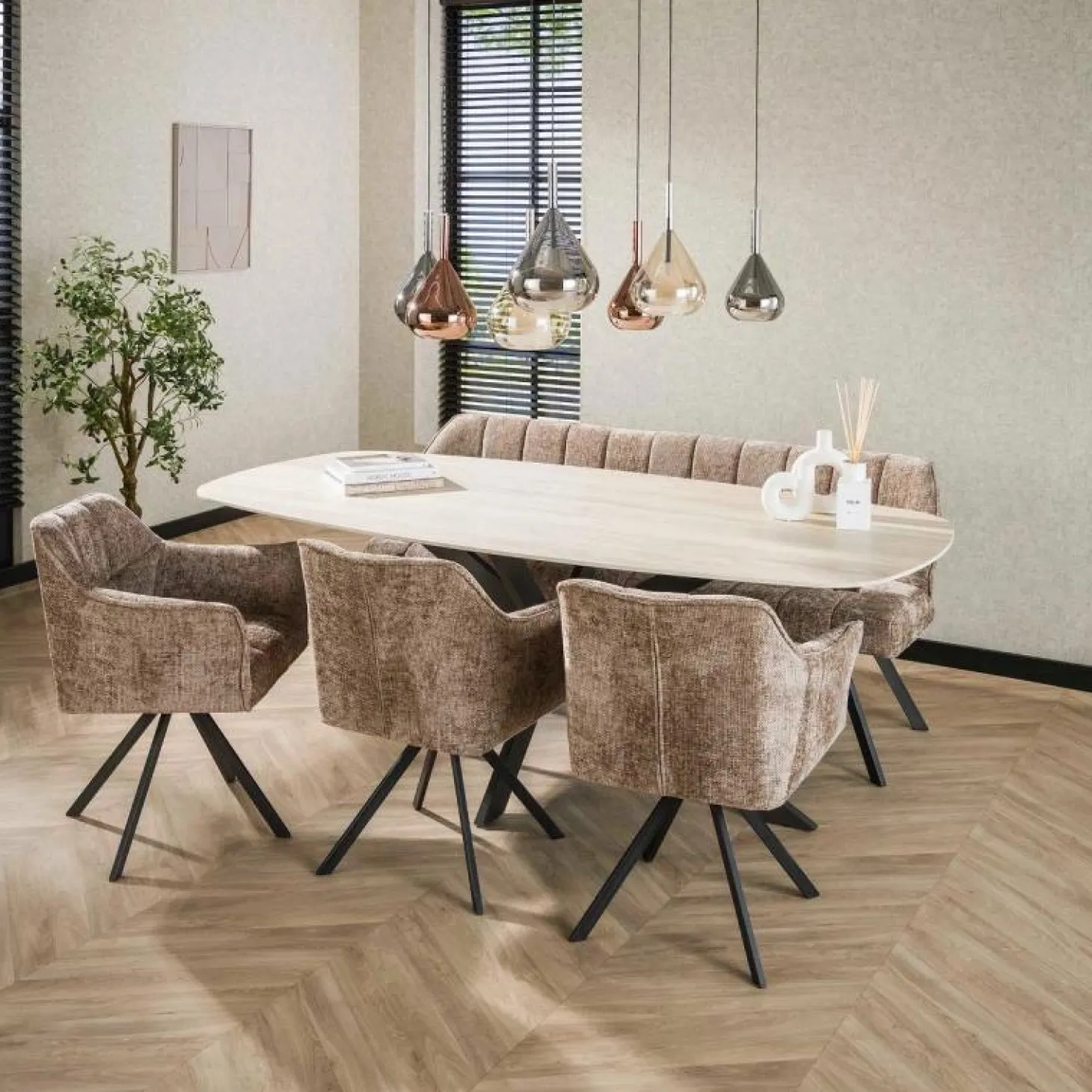 Ovale Eettafel Romano Keramiek in Travertin-look 215 x 105cm - Loft24.nl