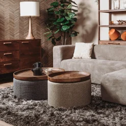 Ronde Salontafel Ossana Mangohout en stof 80 cm - Grijs - Loft24.nl