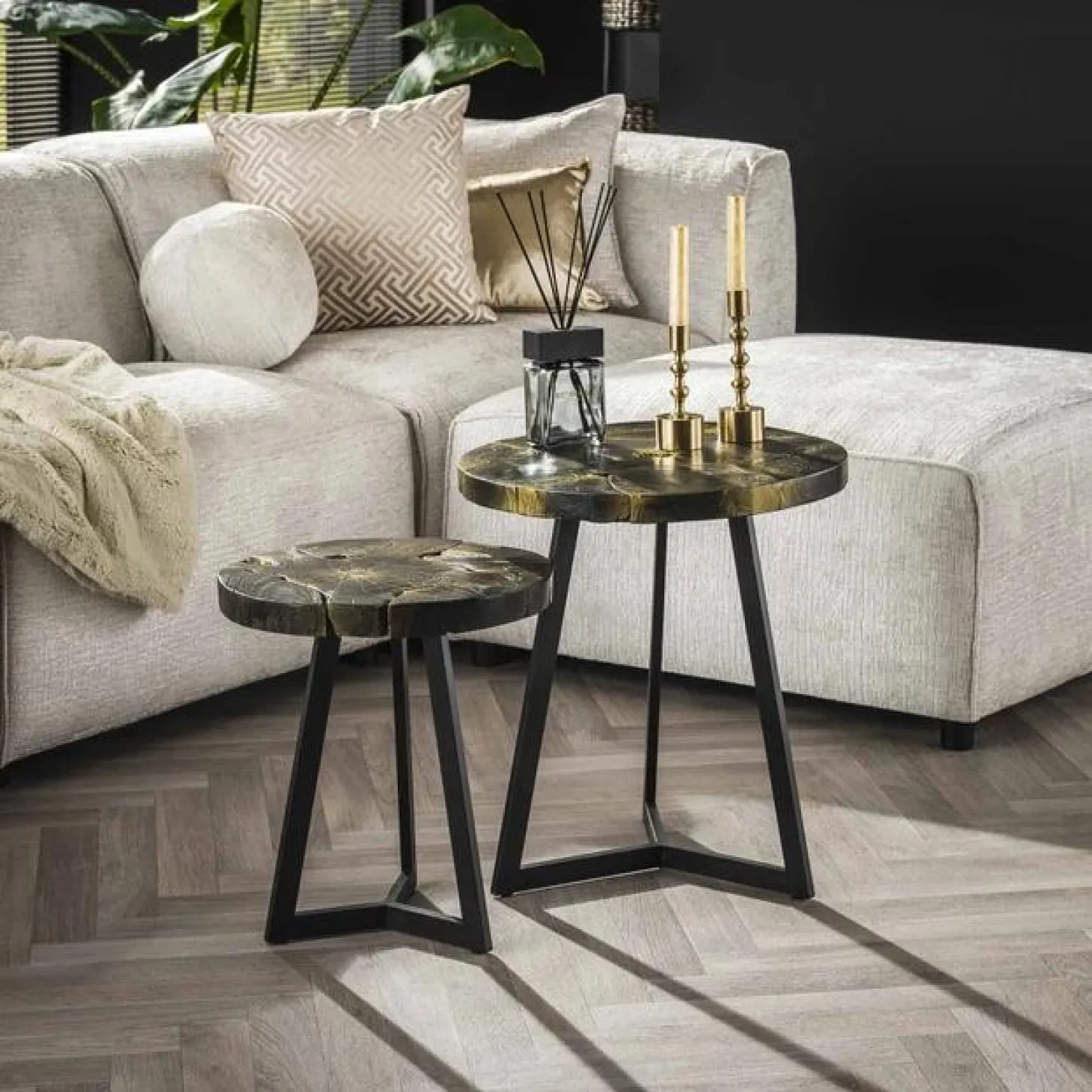 Salontafel B&G Teakhout Set van 2 stuks - Zwart/Goud - Loft24.nl