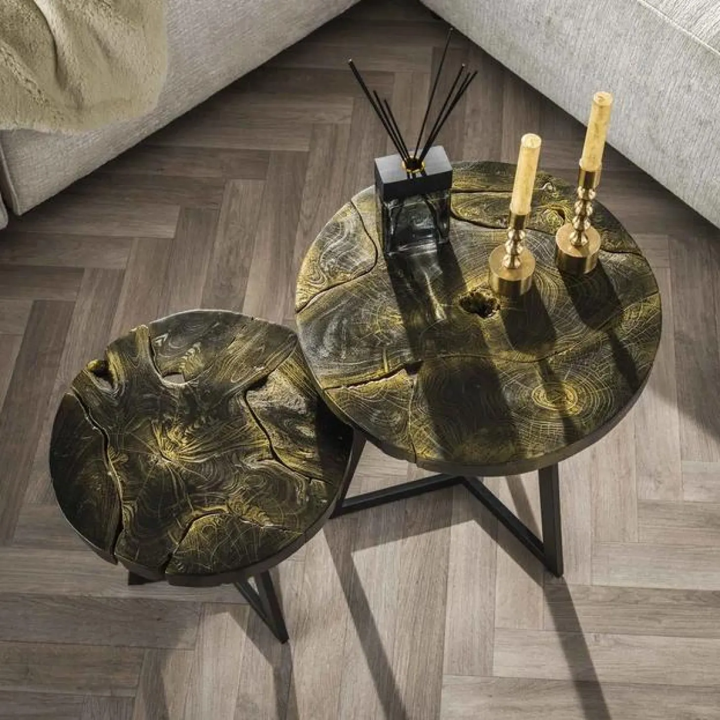 Salontafel B&G Teakhout Set van 2 stuks - Zwart/Goud - Loft24.nl