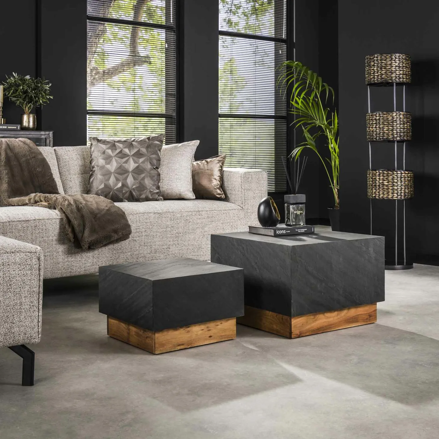 Salontafel Blox Acaciahout en Leisteen set van 2 stuks - Loft24.nl