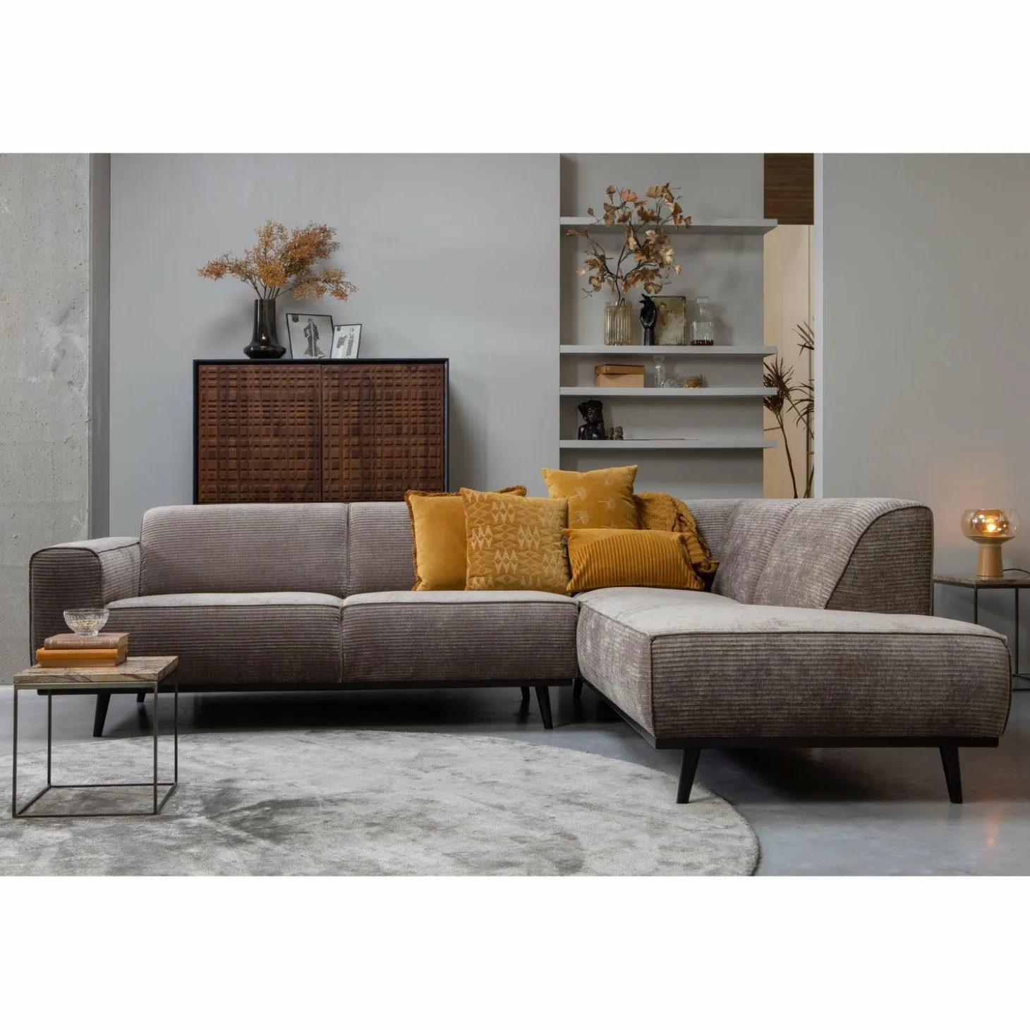 Statement hoekbank rechts platte brede rib taupe - Loft24.nl