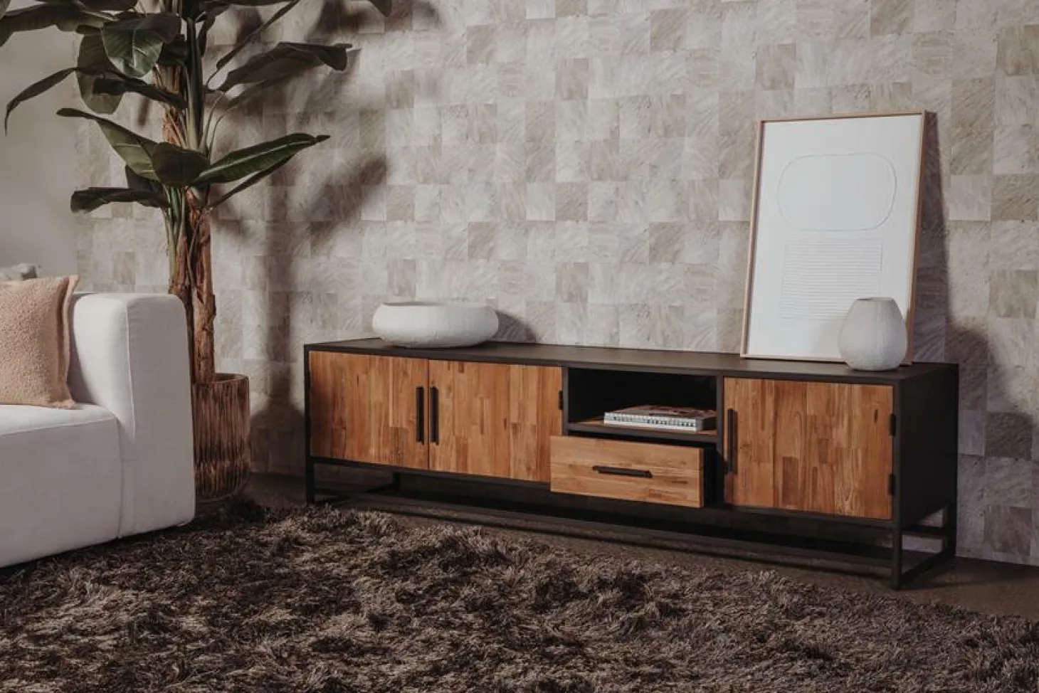 TV-meubel Felino Teakhout 200 cm met 3 deuren 1 laden - Loft24.nl