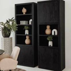 Wandkast Tenna Mangohout met 2 open vakken 220 x 80 cm - Zwart - Loft24.nl