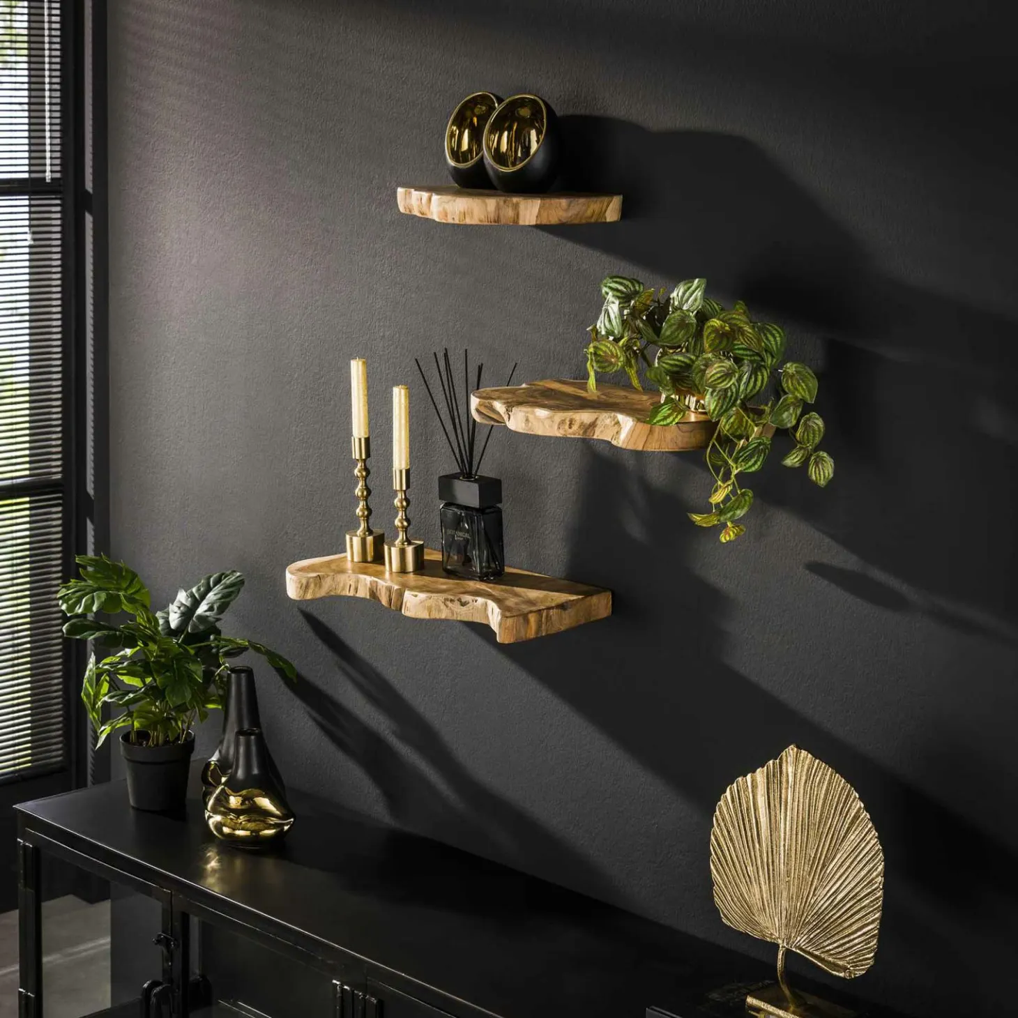 Wandplank Natural Line Teakhout - Set van 3 stuks - Loft24.nl