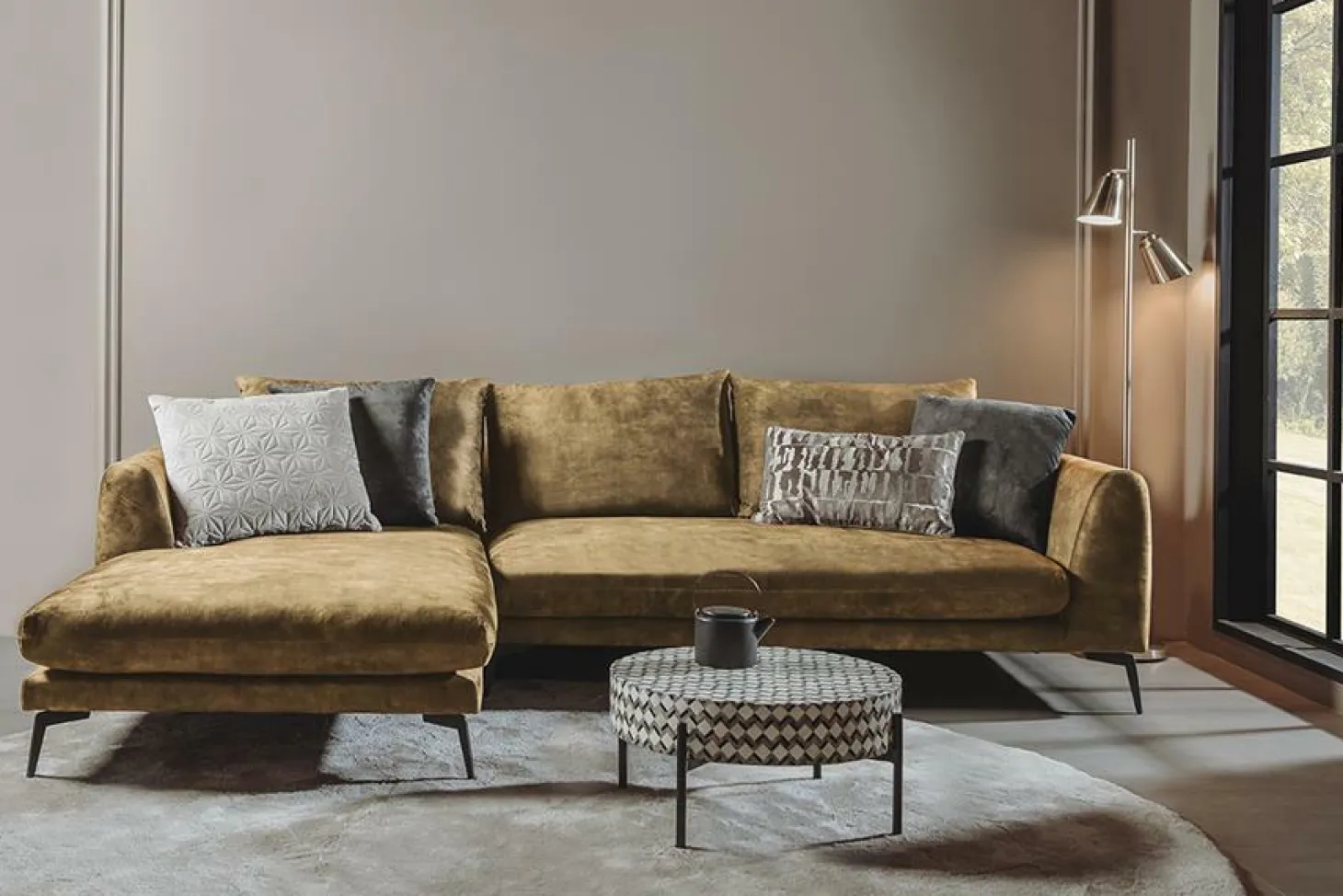 2,5-zits Loungebank Nottingham Velvet - Mosterdgeel (Lounge Links) - Loft24.nl